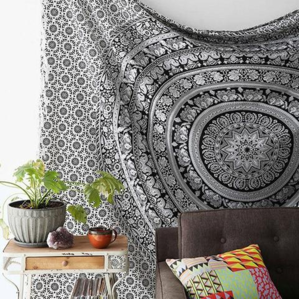 Black and White Hippie Elephant Tapestry Wall